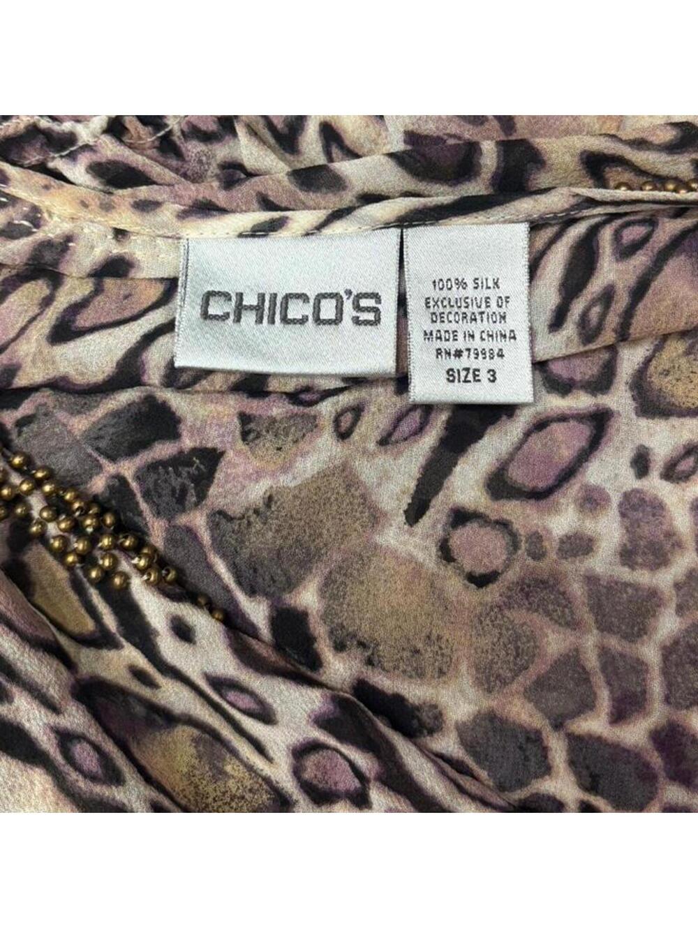 Chico's 100% Silk Animal Print Blouse Top with Beaded Neckline. - Picture 5 of 6